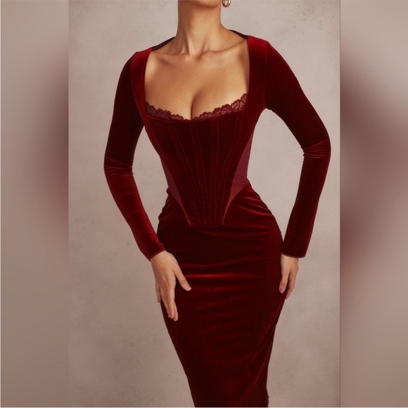 House of CB Dresses & Skirts - House Of CB Solaine wine red velvet corset dress Long Sleeve Midi